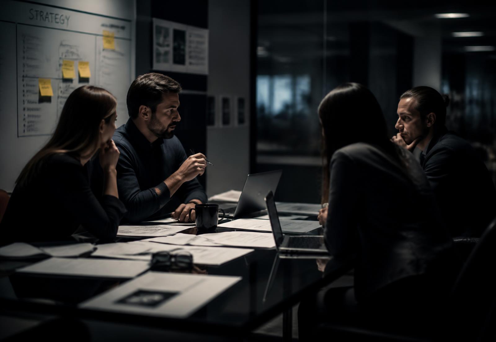 Consulting team reviewing strategy documents around a table